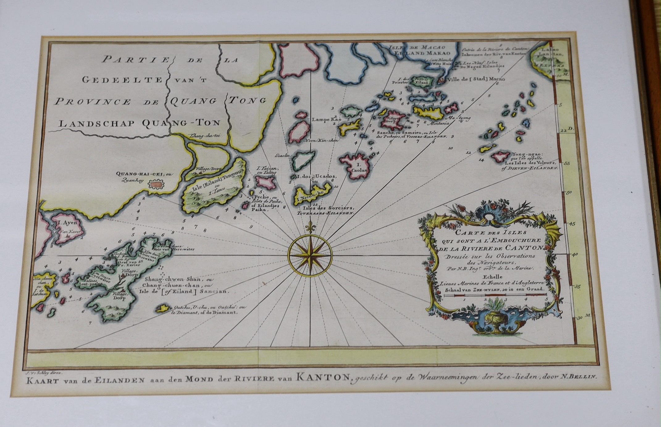 Nicholas Bellin, coloured engraving, Map of the Islands of the Riviere de Canton 1752 (c.1764), 22 x 31cm, an engraved map of Macao, 27 x 22cm and five reprints of maps of Macao